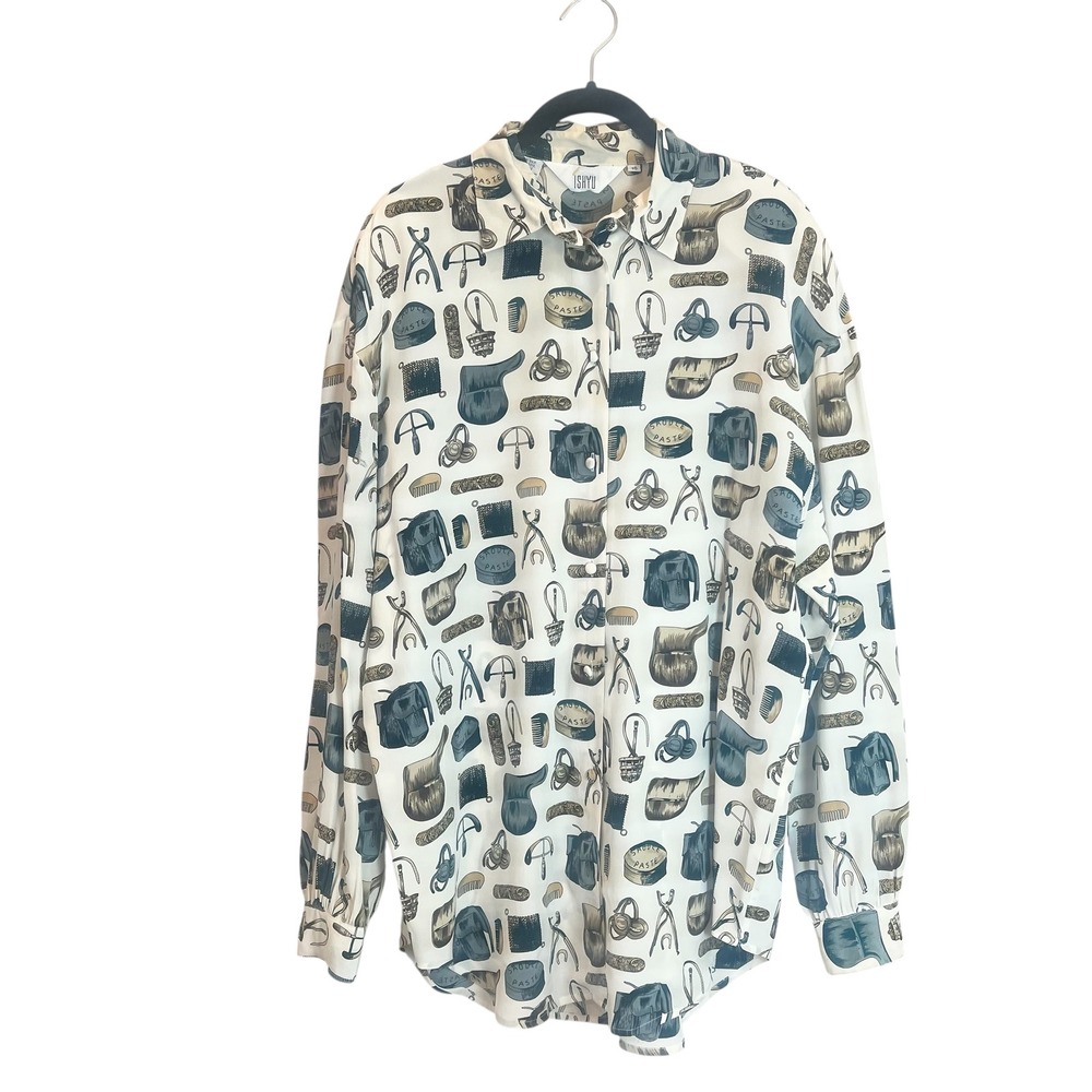 Ishyu Vintage‎ 100% Silk Equestrian Print Button Down Blouse Cream Size 10